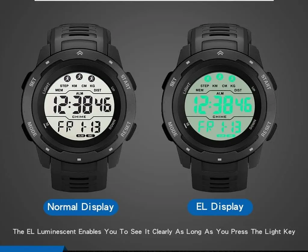 Men's Outdoor Sports Watch Large Dial Easy-to-Read Digital Watch Multi-Functions LED Alarm Stopwatch Waterproof Wrist Watch for Men Black