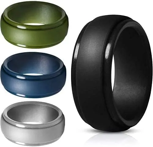 Mens Silicone Wedding Band, Rubber Rings for Him Women Couples, Size 8, 4 Pack, Modern, Black, Green, Blue