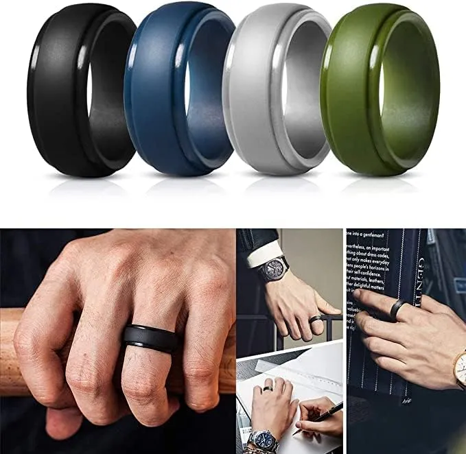 Mens Silicone Wedding Band, Rubber Rings for Him Women Couples, Size 8, 4 Pack, Modern, Black, Green, Blue