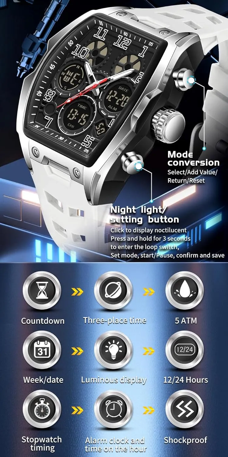 Mens Watches for Men Unique Rectangle Watches Military Digital Analog Sports Outdoor Watch White Wristwatch with Alarm,Stopwatch,Countdown,Hourly Chime,Luminous and Waterproof Multi-Function Watch