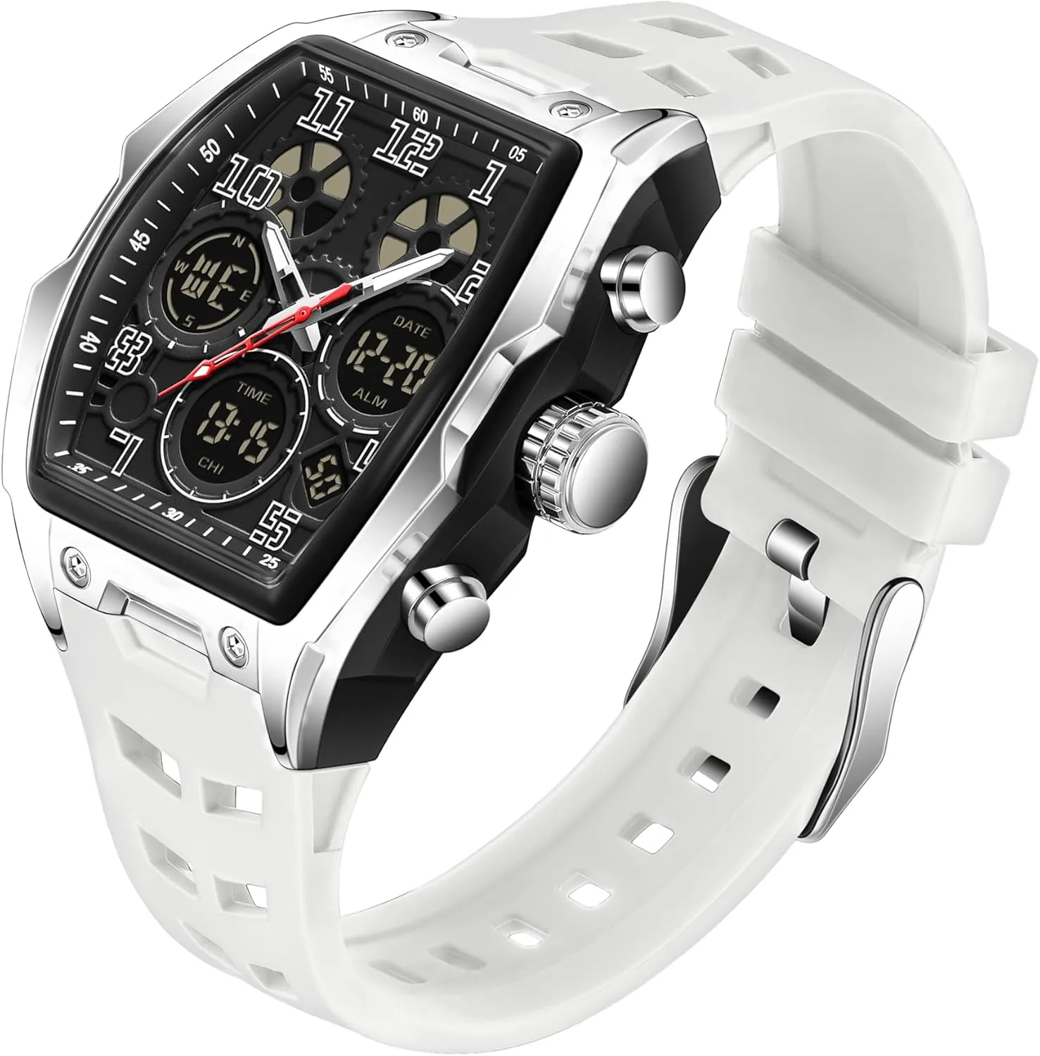 Mens Watches for Men Unique Rectangle Watches Military Digital Analog Sports Outdoor Watch White Wristwatch with Alarm,Stopwatch,Countdown,Hourly Chime,Luminous and Waterproof Multi-Function Watch
