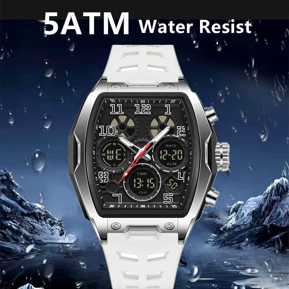 Mens Watches for Men Unique Rectangle Watches Military Digital Analog Sports Outdoor Watch White Wristwatch with Alarm,Stopwatch,Countdown,Hourly Chime,Luminous and Waterproof Multi-Function Watch