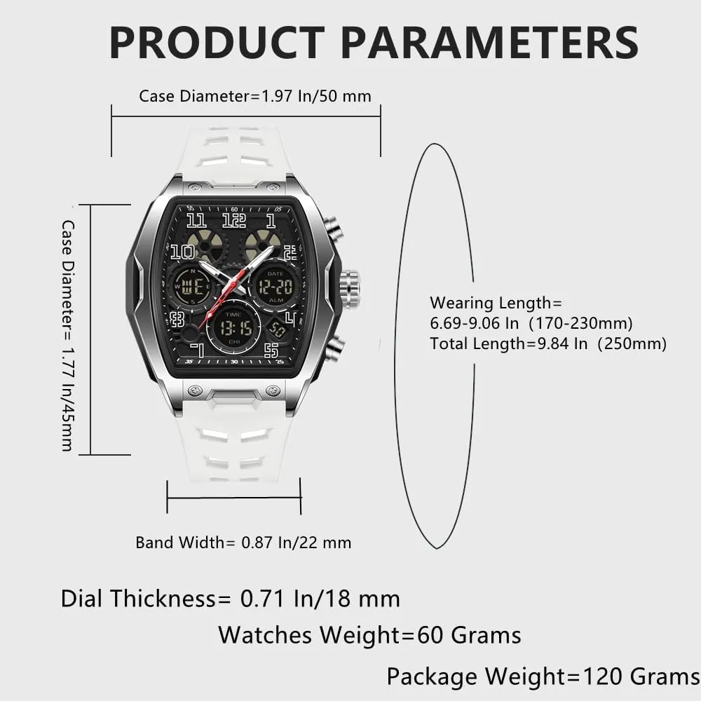 Mens Watches for Men Unique Rectangle Watches Military Digital Analog Sports Outdoor Watch White Wristwatch with Alarm,Stopwatch,Countdown,Hourly Chime,Luminous and Waterproof Multi-Function Watch