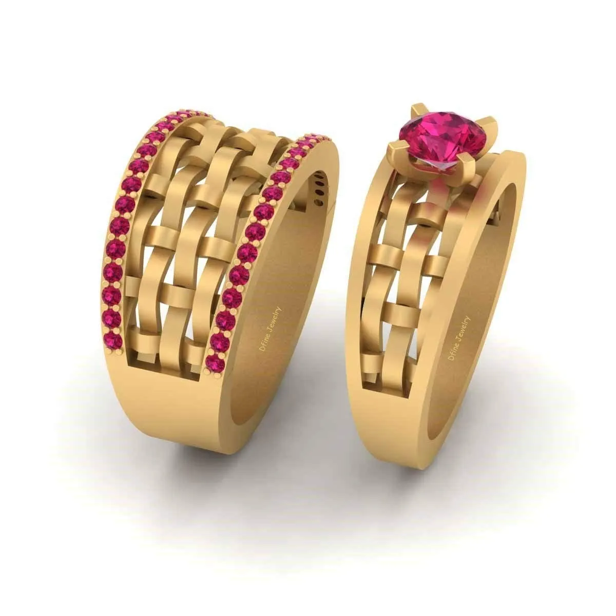 Mesh Couple Rings Solitaire Ruby Engagement Ring Band Set Matching Mesh Couple Set