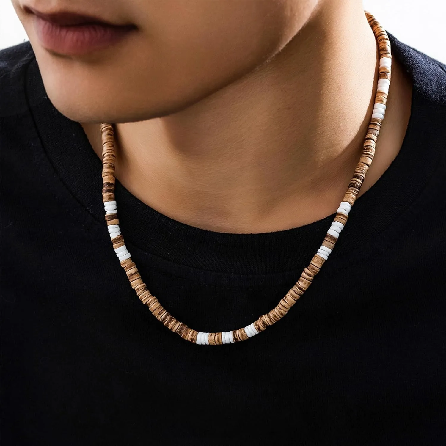 MIFYNN Surfer Necklace for Men Beaded Choker Necklace Puka Shell Necklaces Brown Coconut Wood Beads Necklaces Beach Surfer Jewelry Gift