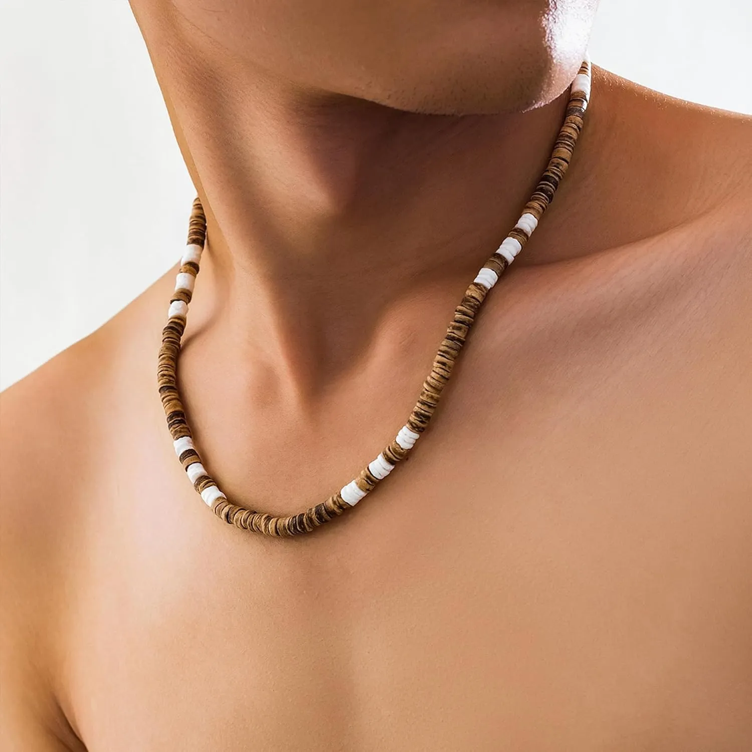 MIFYNN Surfer Necklace for Men Beaded Choker Necklace Puka Shell Necklaces Brown Coconut Wood Beads Necklaces Beach Surfer Jewelry Gift