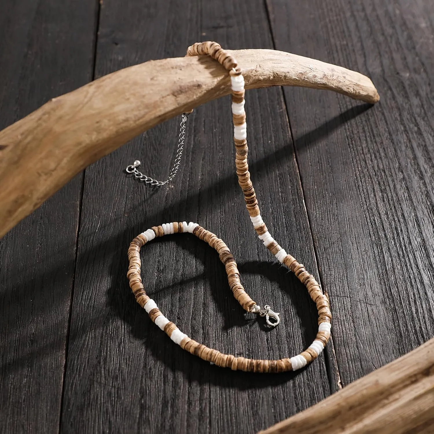 MIFYNN Surfer Necklace for Men Beaded Choker Necklace Puka Shell Necklaces Brown Coconut Wood Beads Necklaces Beach Surfer Jewelry Gift