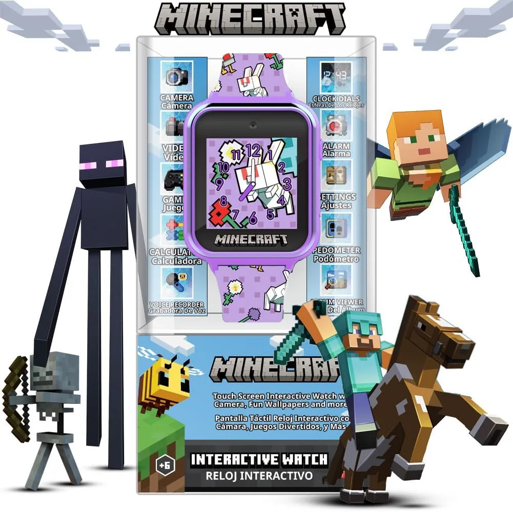 Minecraft Kids Smartwatch with 10 Watch Faces, Selfie and Video Camera, Step Counter, Voice Recorder, Fun Games, Timer, Stopwatch, Alarm, Calculator, and Wallpapers  Fits Wrists 5.5"-8.0"