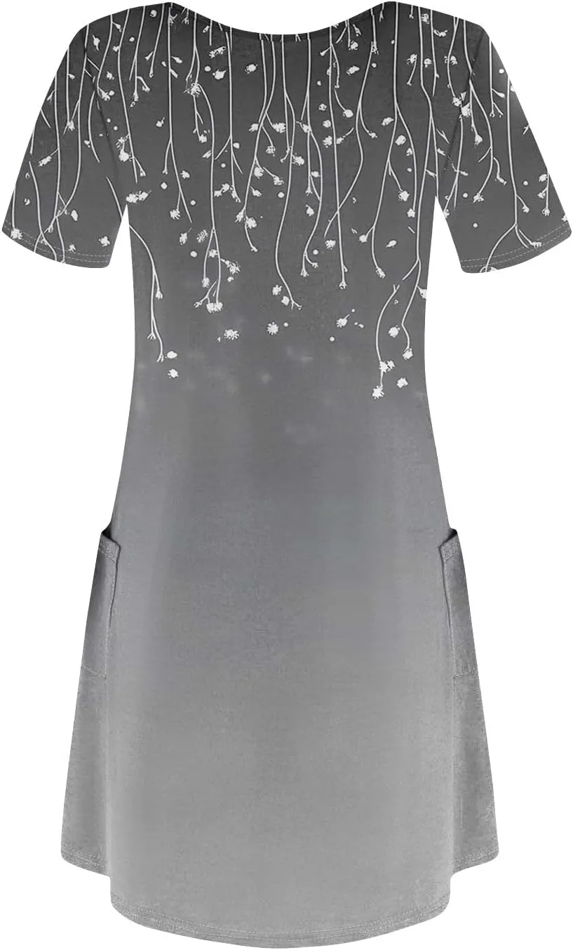 Mini Dresses for Women Floral V Neck Short Sleeve Summer Dress with Pockets Casual Athletic Beach Boho Sundress