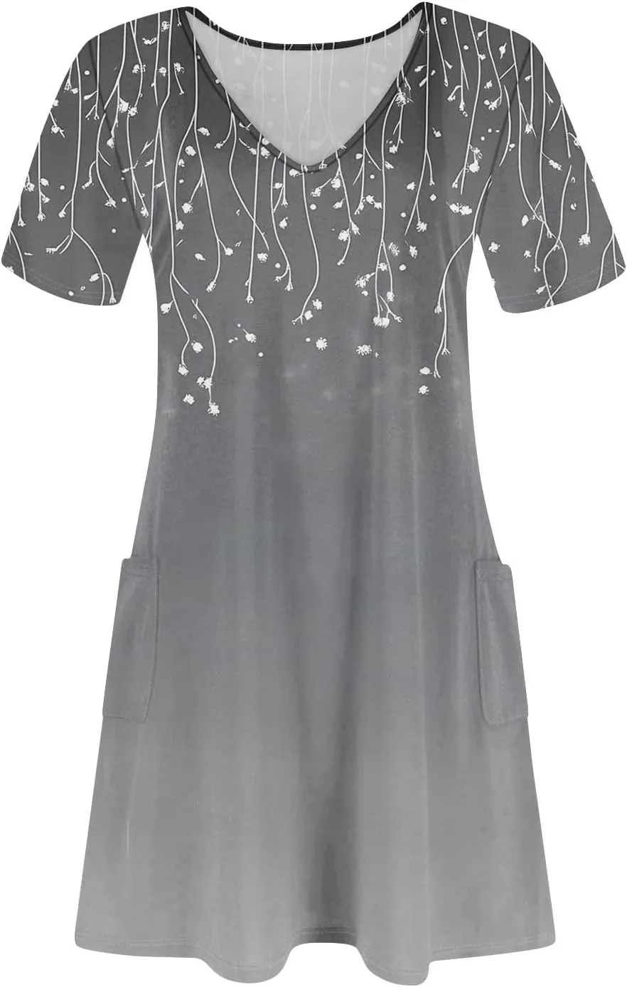 Mini Dresses for Women Floral V Neck Short Sleeve Summer Dress with Pockets Casual Athletic Beach Boho Sundress