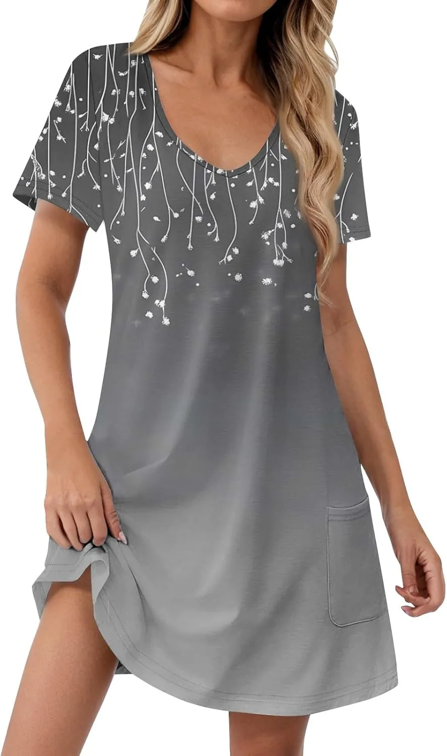 Mini Dresses for Women Floral V Neck Short Sleeve Summer Dress with Pockets Casual Athletic Beach Boho Sundress