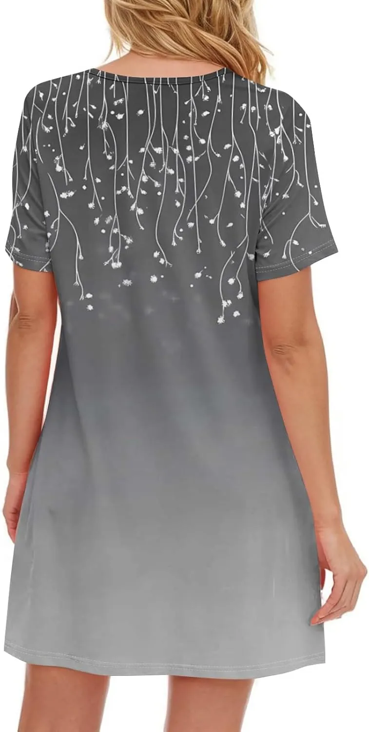 Mini Dresses for Women Floral V Neck Short Sleeve Summer Dress with Pockets Casual Athletic Beach Boho Sundress
