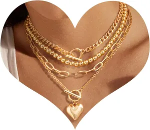 MJartoria Layered Gold Necklaces Stack for Women, Chunky Gold Necklace Dainty Pearl Necklace Starfish Shell Beaded Choker Necklaces Beach Jewelry Gifts