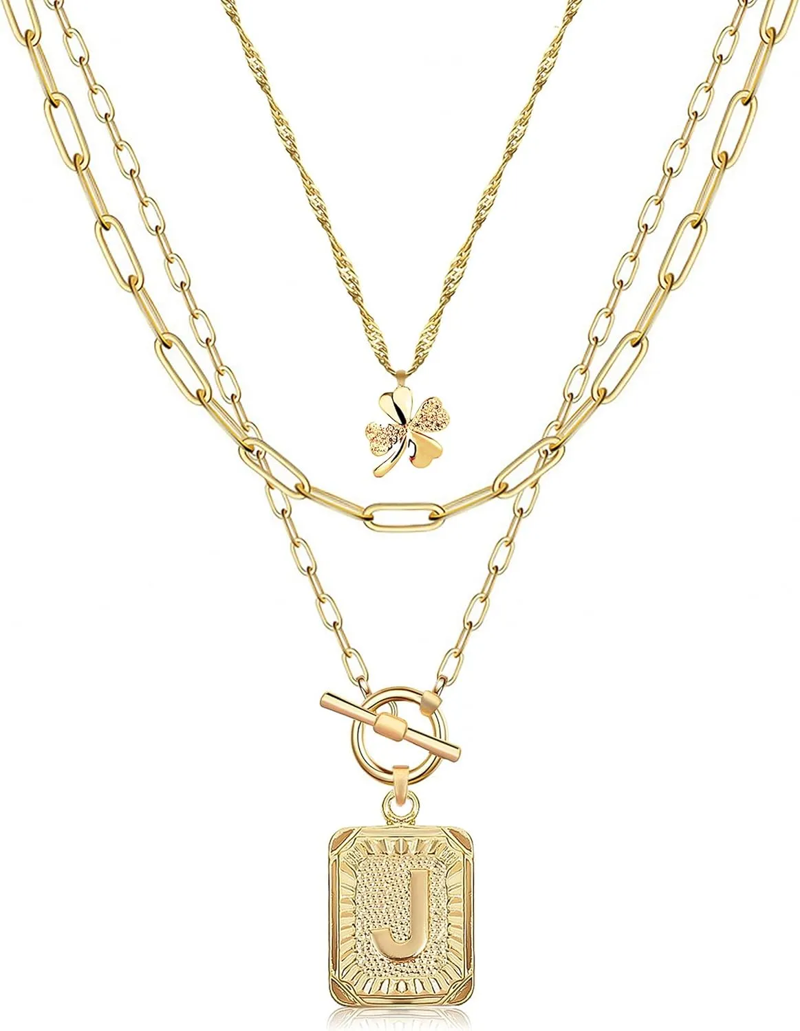 MJartoria Layered Initial Necklaces for Women Trendy, 14K Gold Plated Simple Clover Choker Square Letter Pendant Necklace, Paperclip Chain Necklace, Gold Necklaces Jewelry