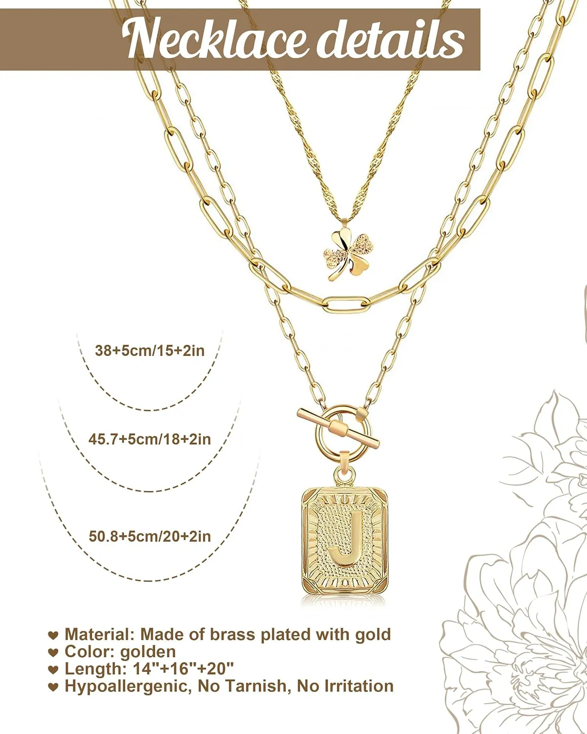 MJartoria Layered Initial Necklaces for Women Trendy, 14K Gold Plated Simple Clover Choker Square Letter Pendant Necklace, Paperclip Chain Necklace, Gold Necklaces Jewelry