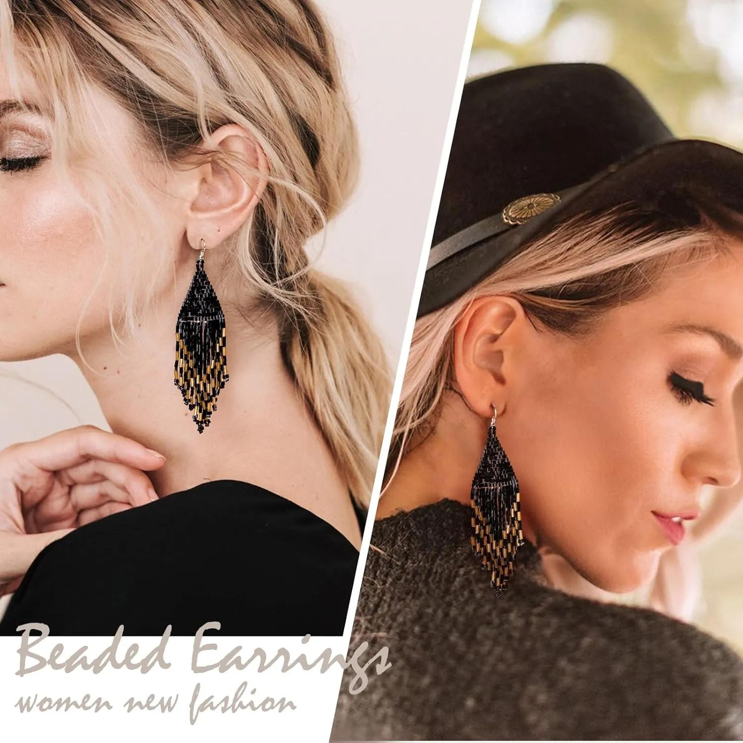 MJartoria Long Beaded Tassel Earrings for Women, Boho Earrings Vintage Drop Dangle Earrings Native Handmade Earrings Statement Earrings Seed Bead Jewelry Gifts