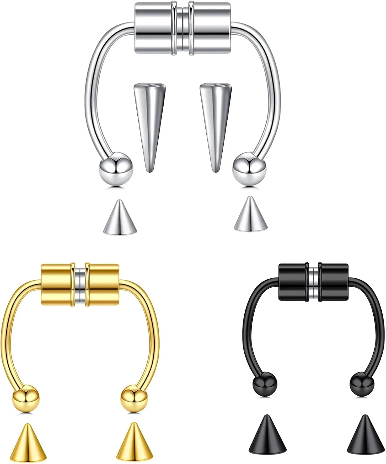 MODRSA Faux Septum Nose Rings - Clip on Septum Ring, Non Piercing Fake Nose Jewelry - Silver, Gold, Black