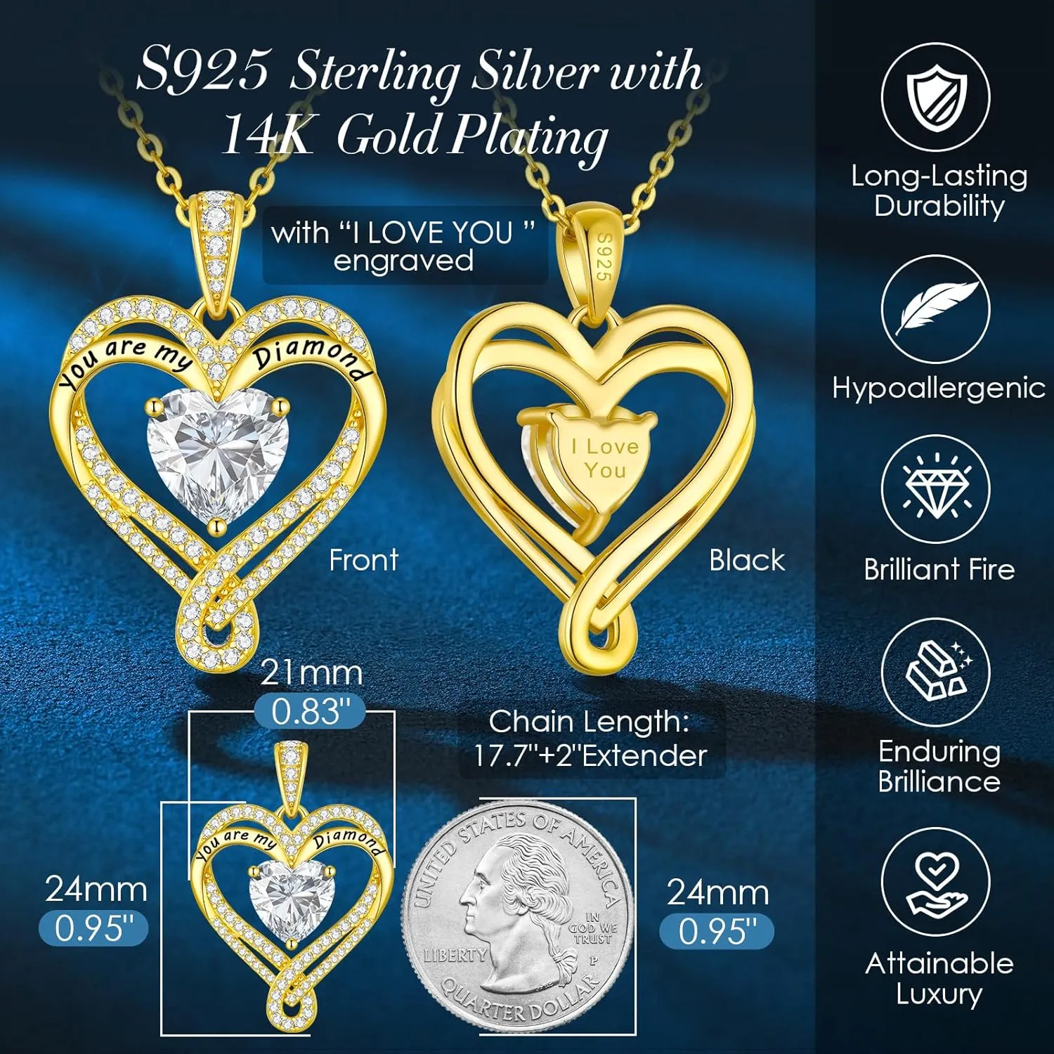Moissanite Heart Pendant Necklace for Women 925 Sterling Silver Gold Plating,Anniversary Birthday Fine Jewelry Gifts for Wife Her Mom Girlfriend