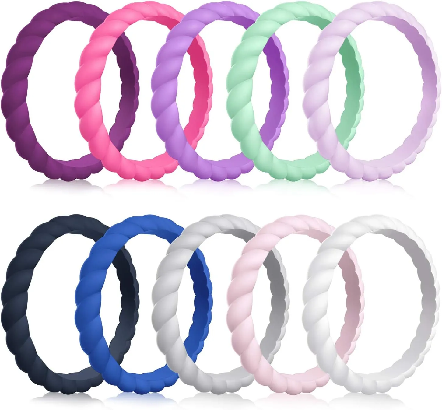 MOKANI Silicone Wedding Ring for Women, 10 Pack Thin and Braided Rubber Band, Fashion, Colorful, Comfortable fit, Skin Safe