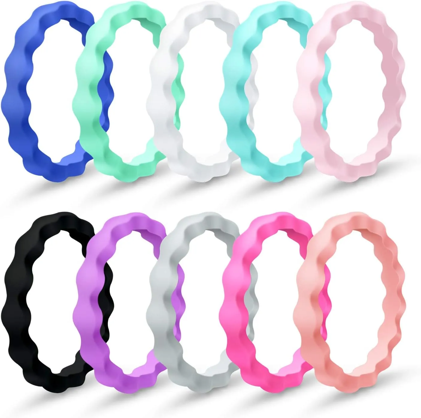MOKANI Silicone Wedding Ring for Women, 10 Pack Thin and Braided Rubber Band, Fashion, Colorful, Comfortable fit, Skin Safe