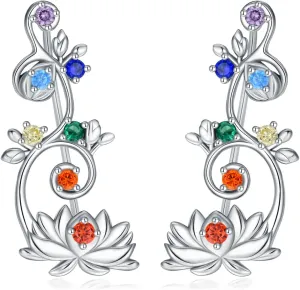 MONGAS Lotus Earrings Sterling Silver Lotus Chakra Ear Climber Earrings Lotus Jewelry for Women