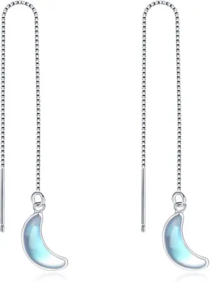 Moonstone Moon Pendant Threader Earrings Sterling Silver Moon Moonstone Earrings Threader Chain Drop Earrings Moon Jewelry Gifts for Women Mother's Day