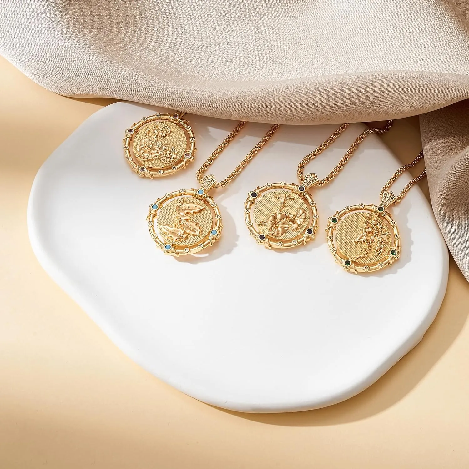 MTMY Birth Flower Necklaces for Women 14K Gold Plated Birth Flower with Birthstone Chunky Reversible Rotatable Disc Pendant Necklaces Jewelry