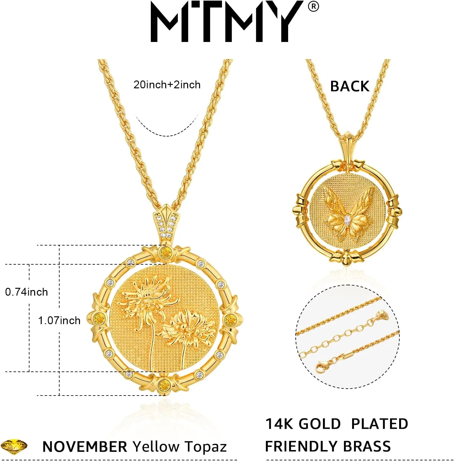 MTMY Birth Flower Necklaces for Women 14K Gold Plated Birth Flower with Birthstone Chunky Reversible Rotatable Disc Pendant Necklaces Jewelry