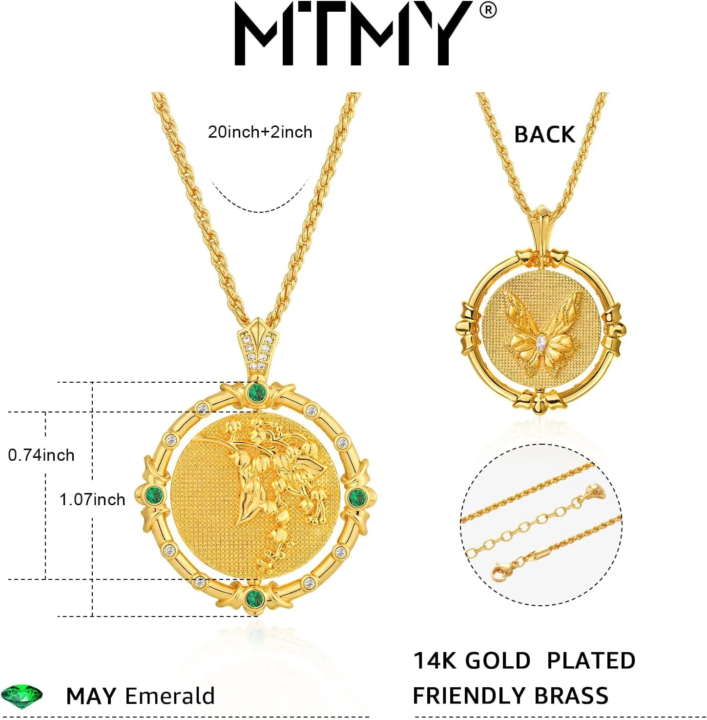 MTMY Birth Flower Necklaces for Women 14K Gold Plated Birth Flower with Birthstone Chunky Reversible Rotatable Disc Pendant Necklaces Jewelry