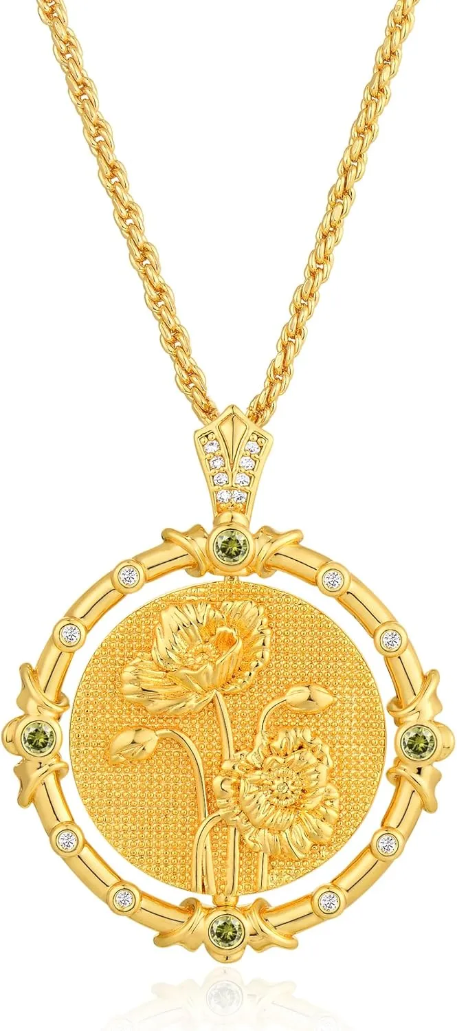 MTMY Birth Flower Necklaces for Women 14K Gold Plated Birth Flower with Birthstone Chunky Reversible Rotatable Disc Pendant Necklaces Jewelry