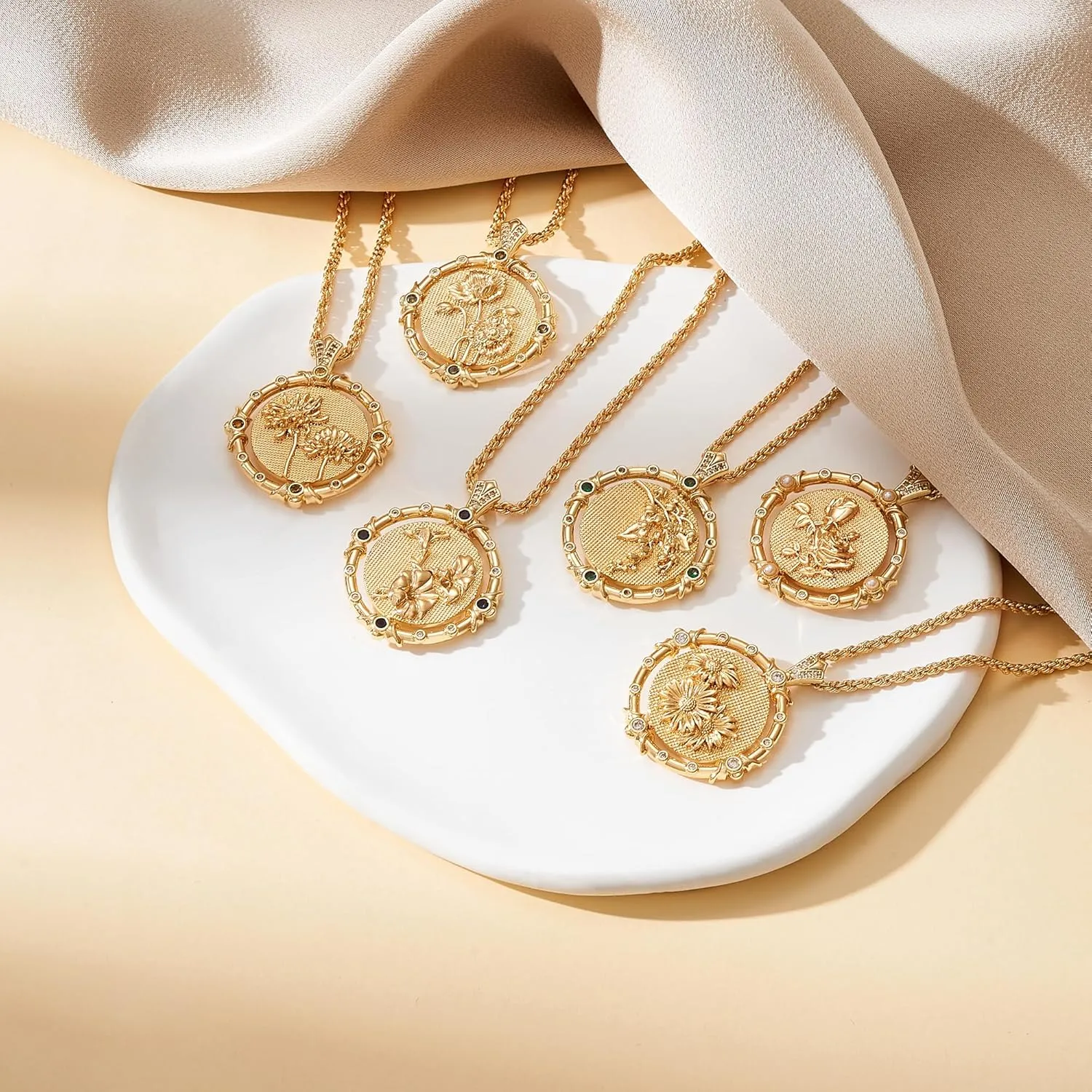 MTMY Birth Flower Necklaces for Women 14K Gold Plated Birth Flower with Birthstone Chunky Reversible Rotatable Disc Pendant Necklaces Jewelry