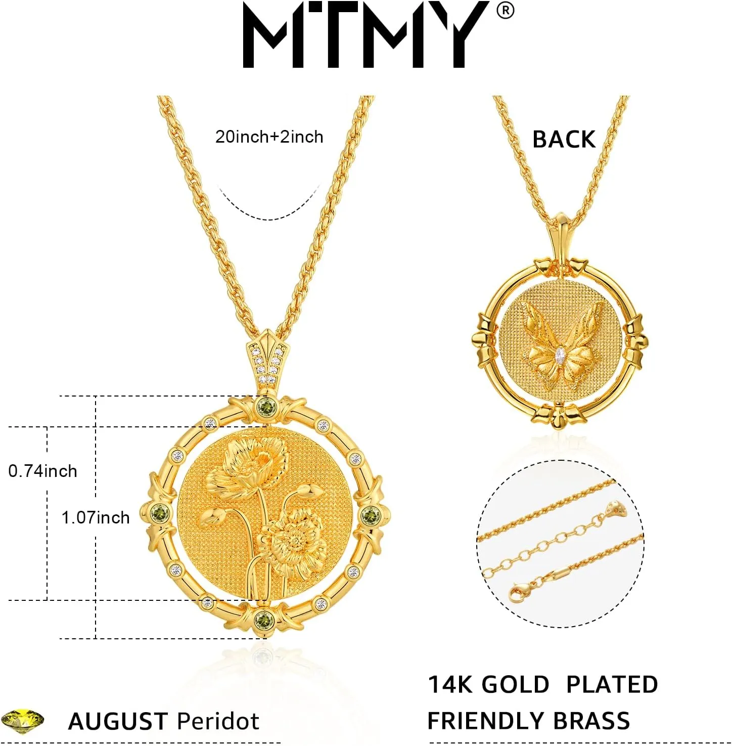MTMY Birth Flower Necklaces for Women 14K Gold Plated Birth Flower with Birthstone Chunky Reversible Rotatable Disc Pendant Necklaces Jewelry