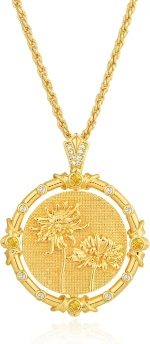 MTMY Birth Flower Necklaces for Women 14K Gold Plated Birth Flower with Birthstone Chunky Reversible Rotatable Disc Pendant Necklaces Jewelry
