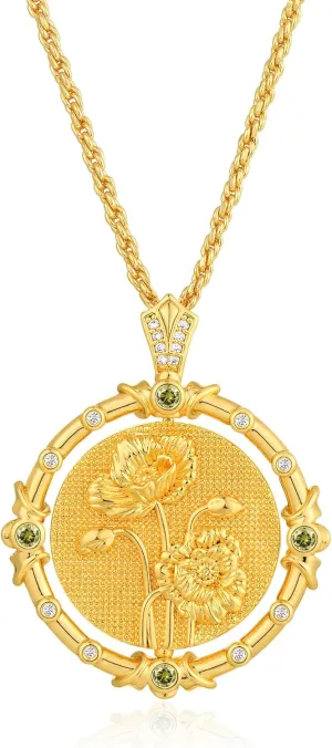 MTMY Birth Flower Necklaces for Women 14K Gold Plated Birth Flower with Birthstone Chunky Reversible Rotatable Disc Pendant Necklaces Jewelry