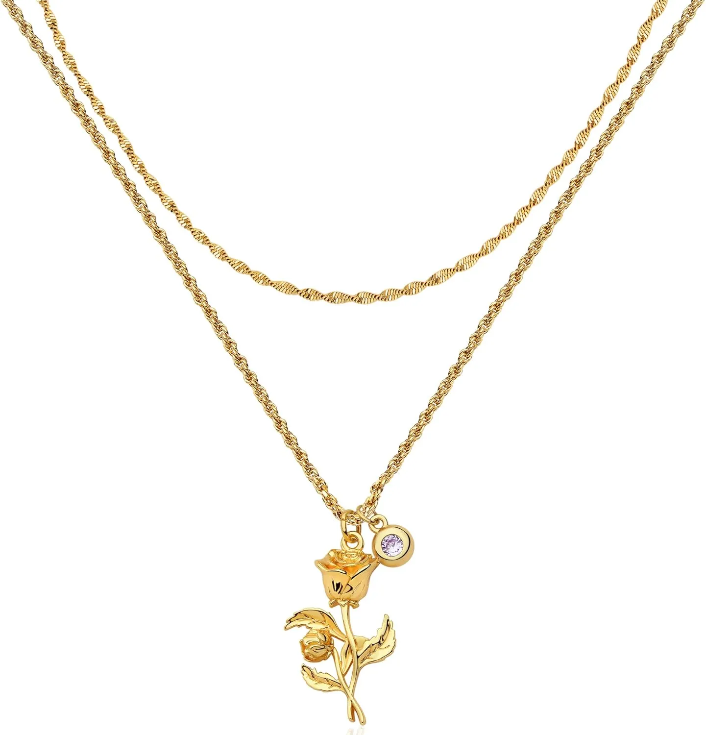 MTMY Birth Flower Necklaces for Women 18K Gold Plated Dainty Layered Birth Month Flower with Birthstone Pendant Necklaces Personalized Custom Floral Jewelry