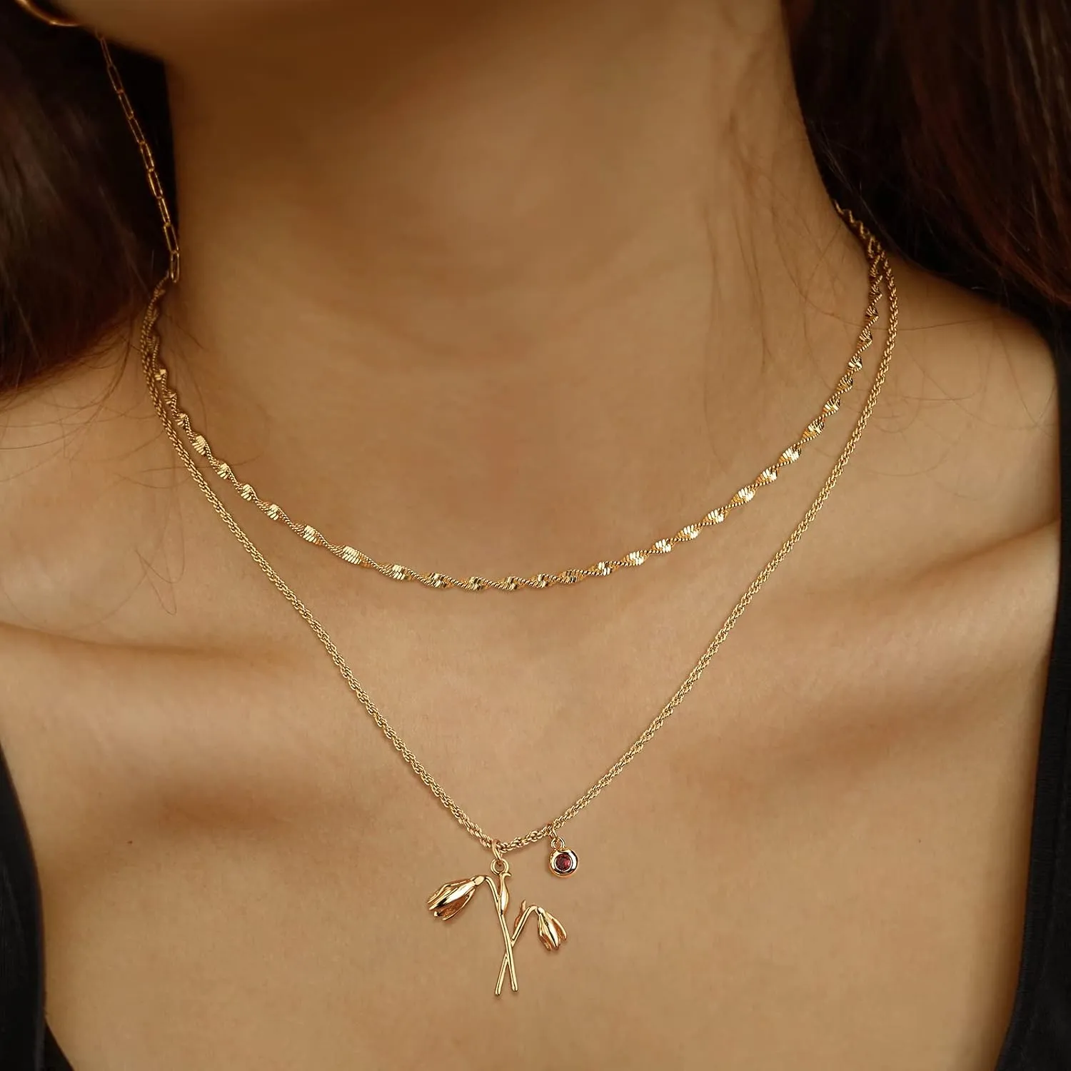 MTMY Birth Flower Necklaces for Women 18K Gold Plated Dainty Layered Birth Month Flower with Birthstone Pendant Necklaces Personalized Custom Floral Jewelry