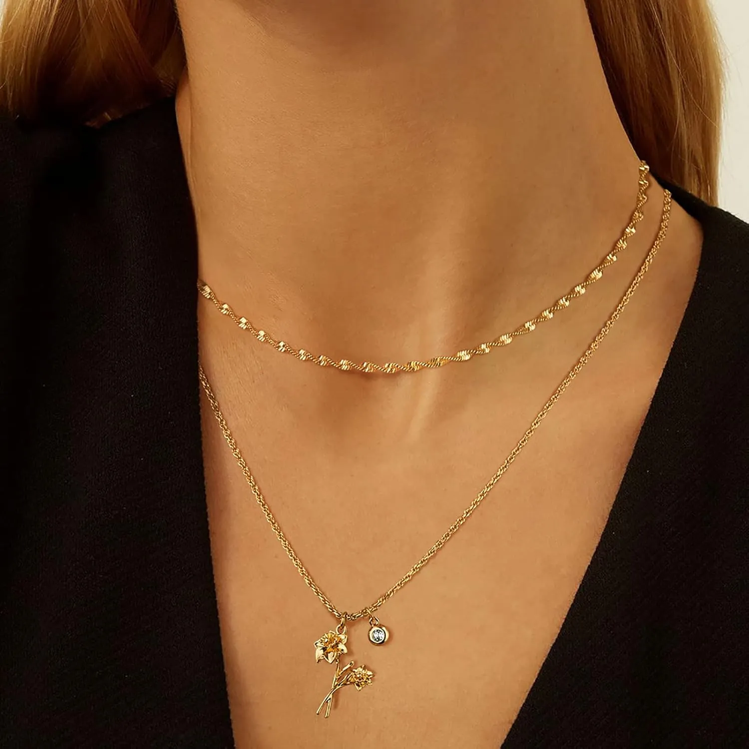 MTMY Birth Flower Necklaces for Women 18K Gold Plated Dainty Layered Birth Month Flower with Birthstone Pendant Necklaces Personalized Custom Floral Jewelry