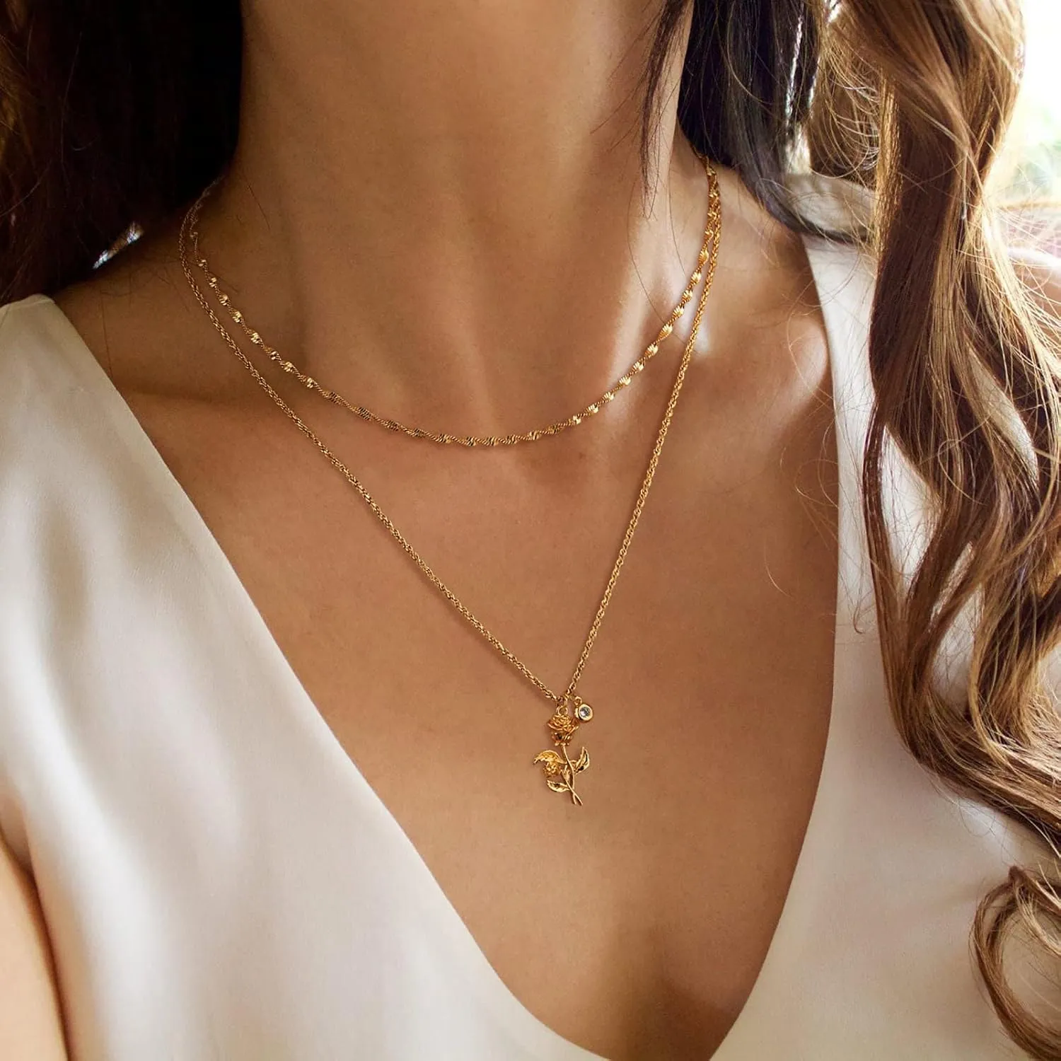 MTMY Birth Flower Necklaces for Women 18K Gold Plated Dainty Layered Birth Month Flower with Birthstone Pendant Necklaces Personalized Custom Floral Jewelry