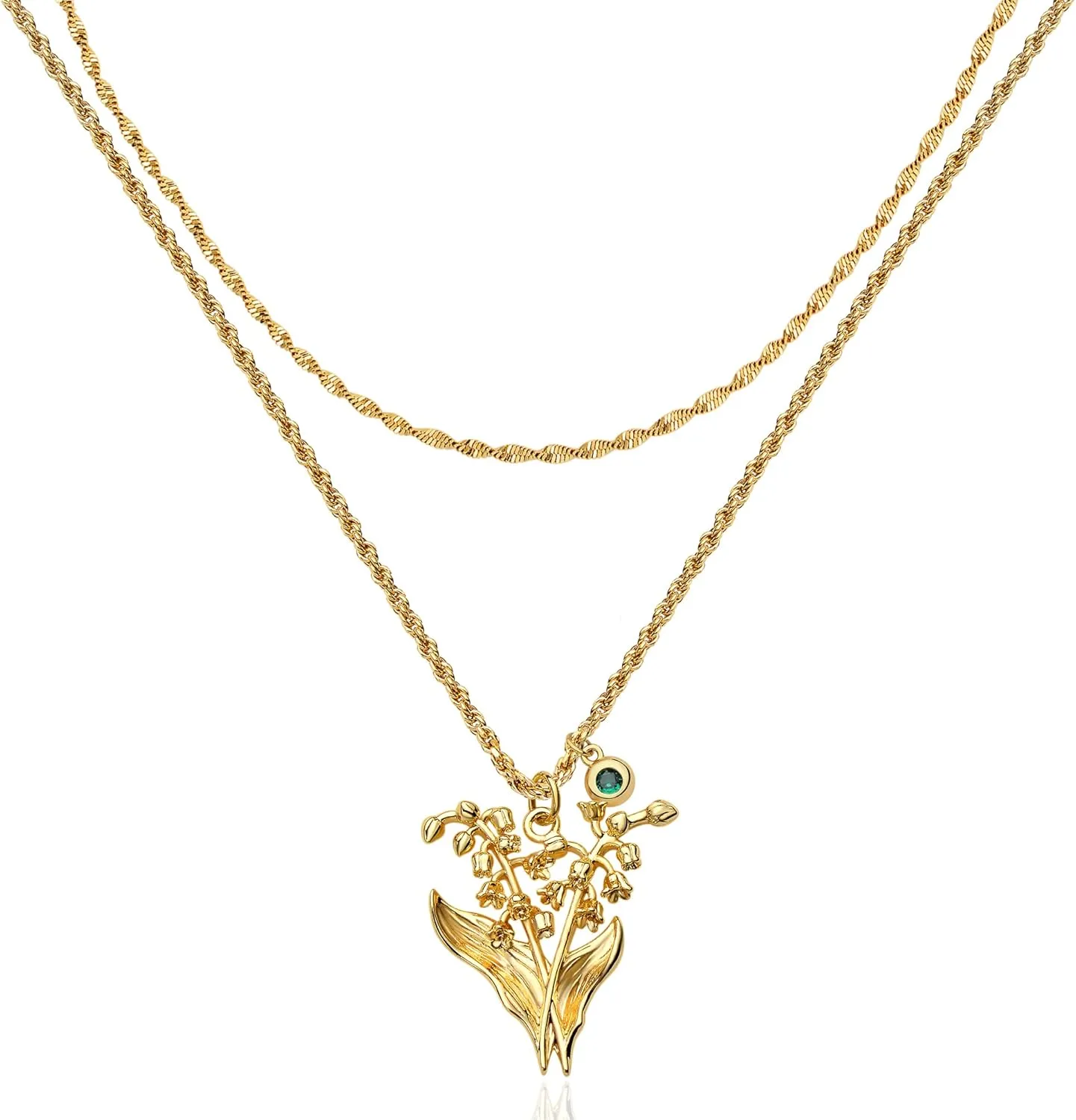 MTMY Birth Flower Necklaces for Women 18K Gold Plated Dainty Layered Birth Month Flower with Birthstone Pendant Necklaces Personalized Custom Floral Jewelry