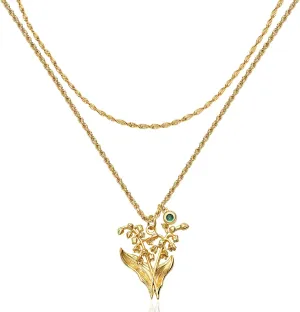 MTMY Birth Flower Necklaces for Women 18K Gold Plated Dainty Layered Birth Month Flower with Birthstone Pendant Necklaces Personalized Custom Floral Jewelry