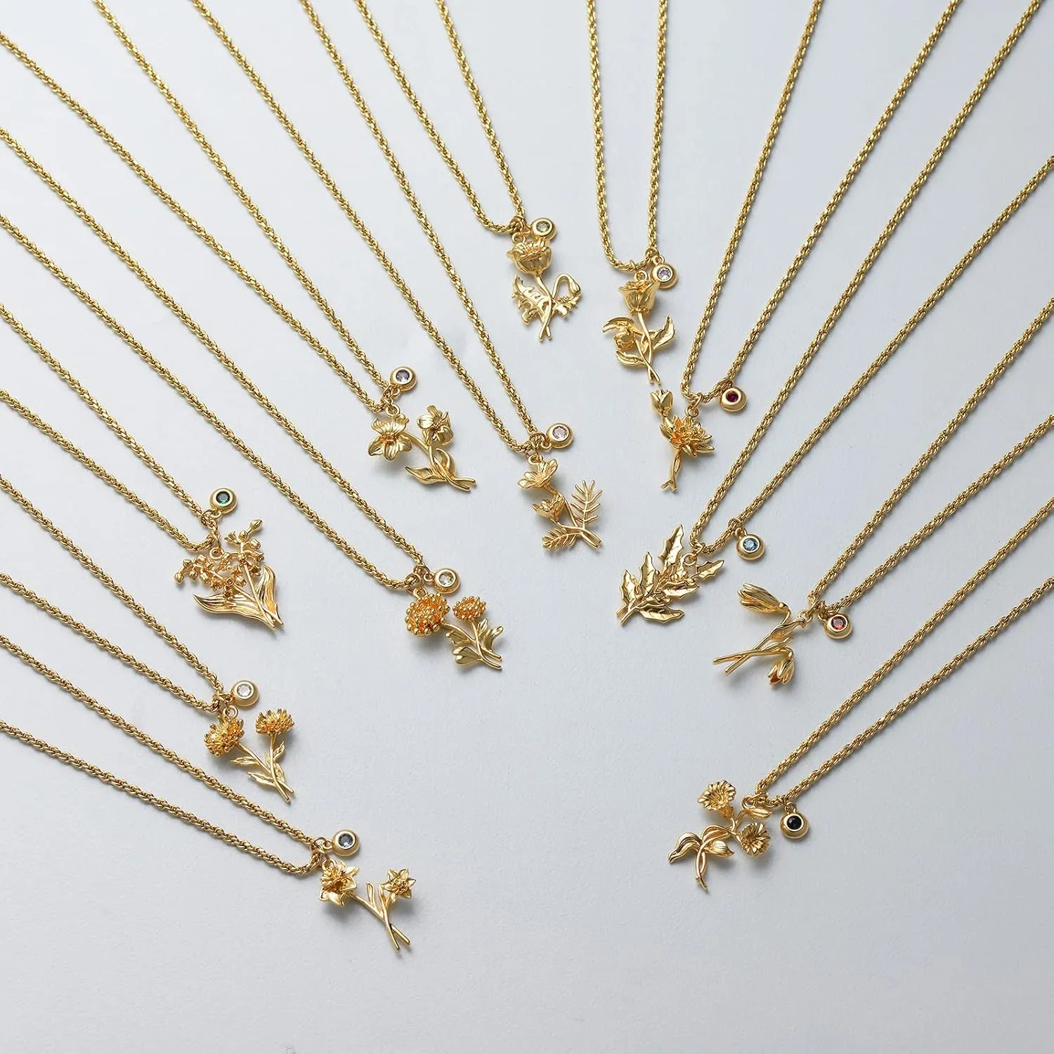 MTMY Birth Flower Necklaces for Women 18K Gold Plated Dainty Layered Birth Month Flower with Birthstone Pendant Necklaces Personalized Custom Floral Jewelry