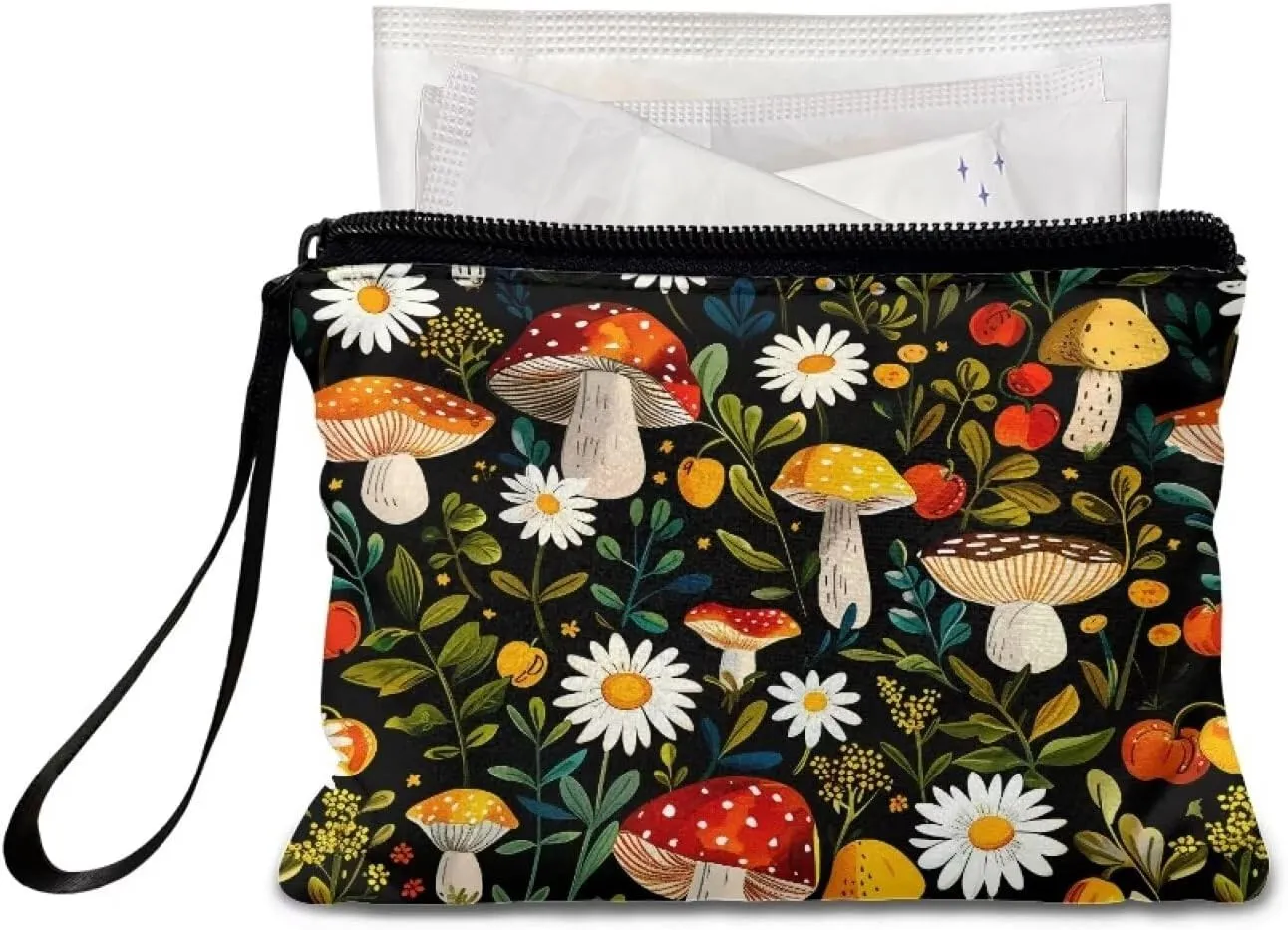 Mushroom Daisy Print Purse Coins Purse Pouch with Portable Strap Women Coins Pouch Small Size Wallet with Zipper for Vacation Outdoor Travel