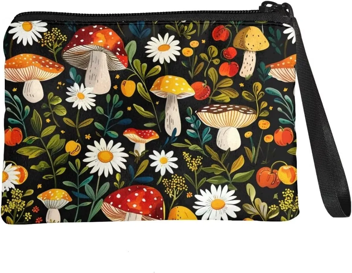 Mushroom Daisy Print Purse Coins Purse Pouch with Portable Strap Women Coins Pouch Small Size Wallet with Zipper for Vacation Outdoor Travel