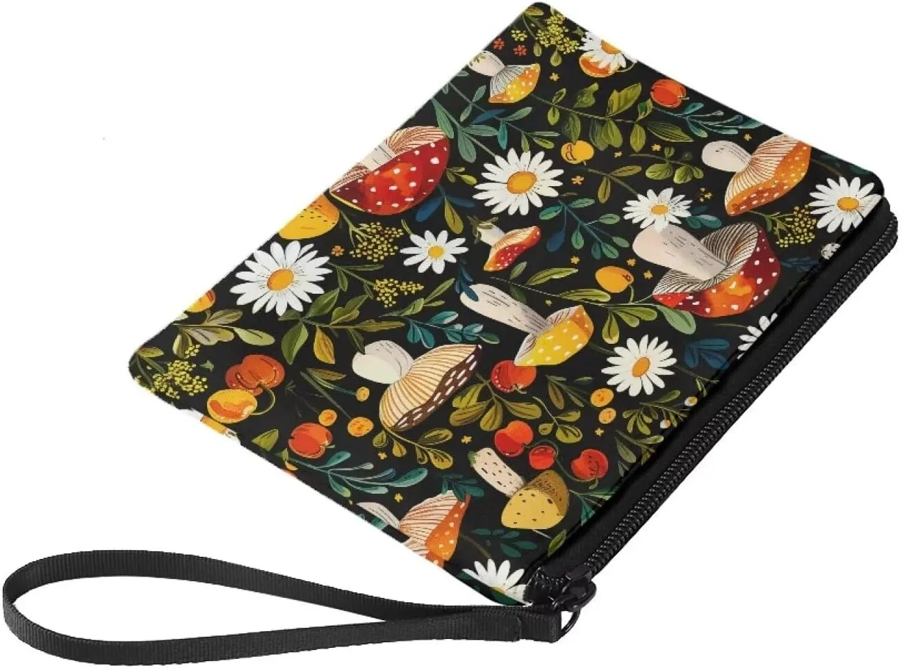 Mushroom Daisy Print Purse Coins Purse Pouch with Portable Strap Women Coins Pouch Small Size Wallet with Zipper for Vacation Outdoor Travel