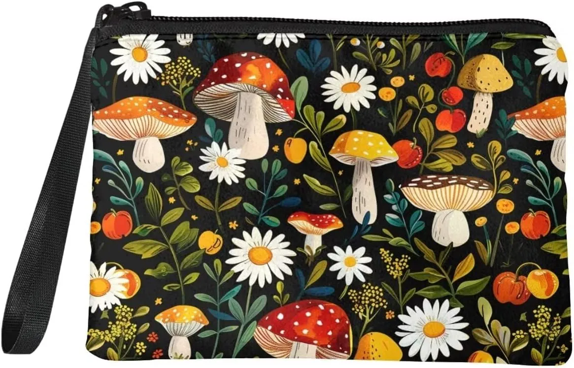Mushroom Daisy Print Purse Coins Purse Pouch with Portable Strap Women Coins Pouch Small Size Wallet with Zipper for Vacation Outdoor Travel