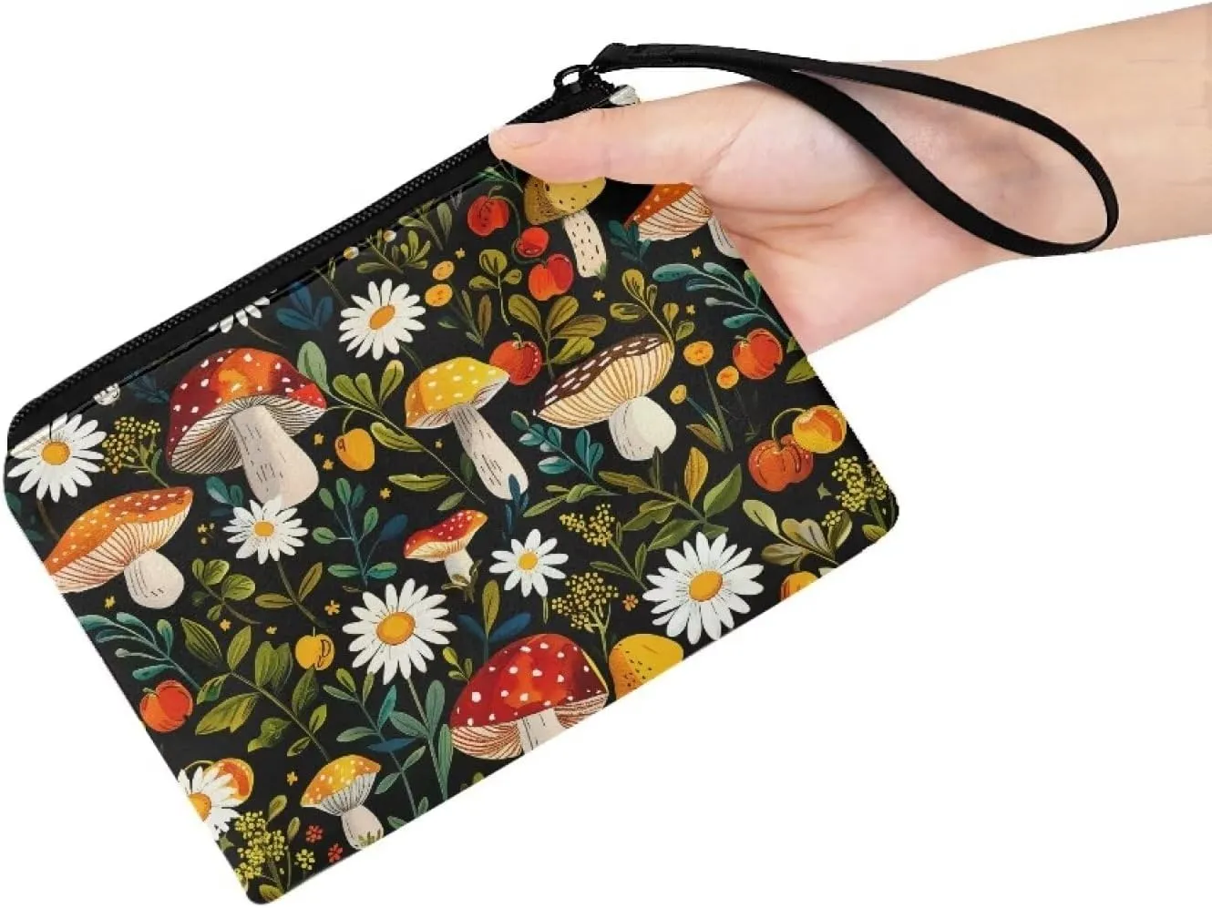 Mushroom Daisy Print Purse Coins Purse Pouch with Portable Strap Women Coins Pouch Small Size Wallet with Zipper for Vacation Outdoor Travel