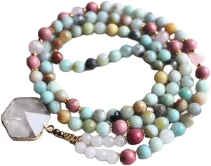 Natural Amazonite ,Rose Quartz 6mm,8mm 108 Mala Beads, Spiritual, Meditation Beads, Reiki, Japa Mala, Buddhist Prayer Beads, Yoga Bracelet, healing beads LKMALA-RRGU-2940, 34 inch