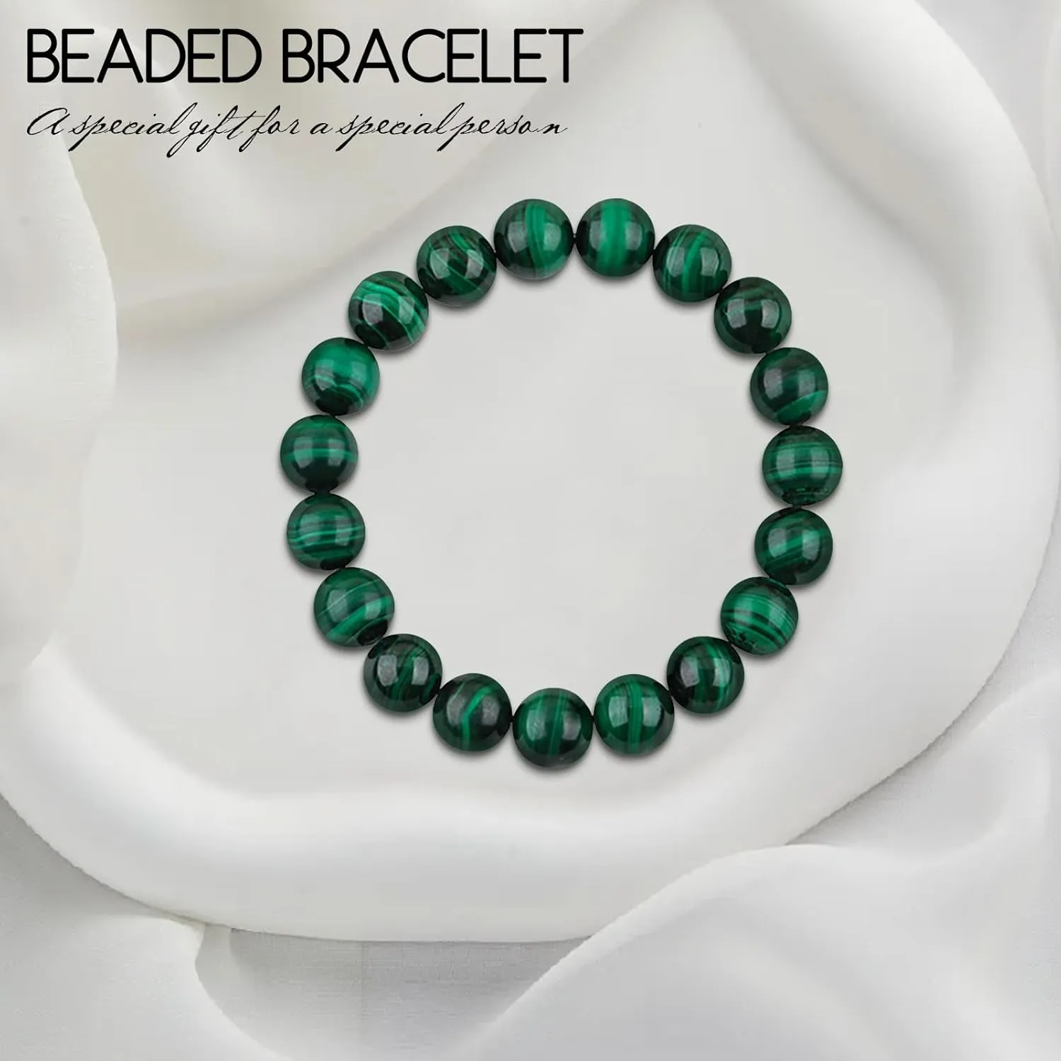 Natural Gemstone Bracelet 10mm Malachite Beaded Bracelets Gemstone Beads Bracelets Healing Bracelets for Women Men and Teens Comes with Bonus Box and Card