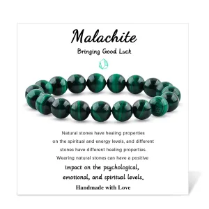 Natural Gemstone Bracelet 10mm Malachite Beaded Bracelets Gemstone Beads Bracelets Healing Bracelets for Women Men and Teens Comes with Bonus Box and Card