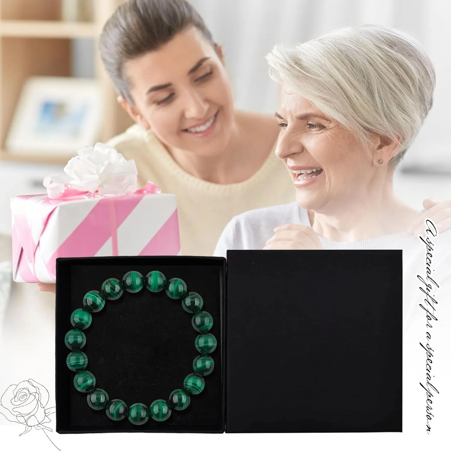 Natural Gemstone Bracelet 10mm Malachite Beaded Bracelets Gemstone Beads Bracelets Healing Bracelets for Women Men and Teens Comes with Bonus Box and Card